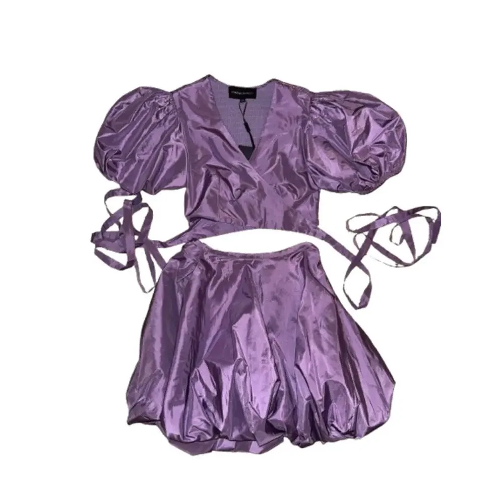 Cynthia Rowley Luna Taffeta Smocked Wrap Tie Top & Bubble Skirt in Purple